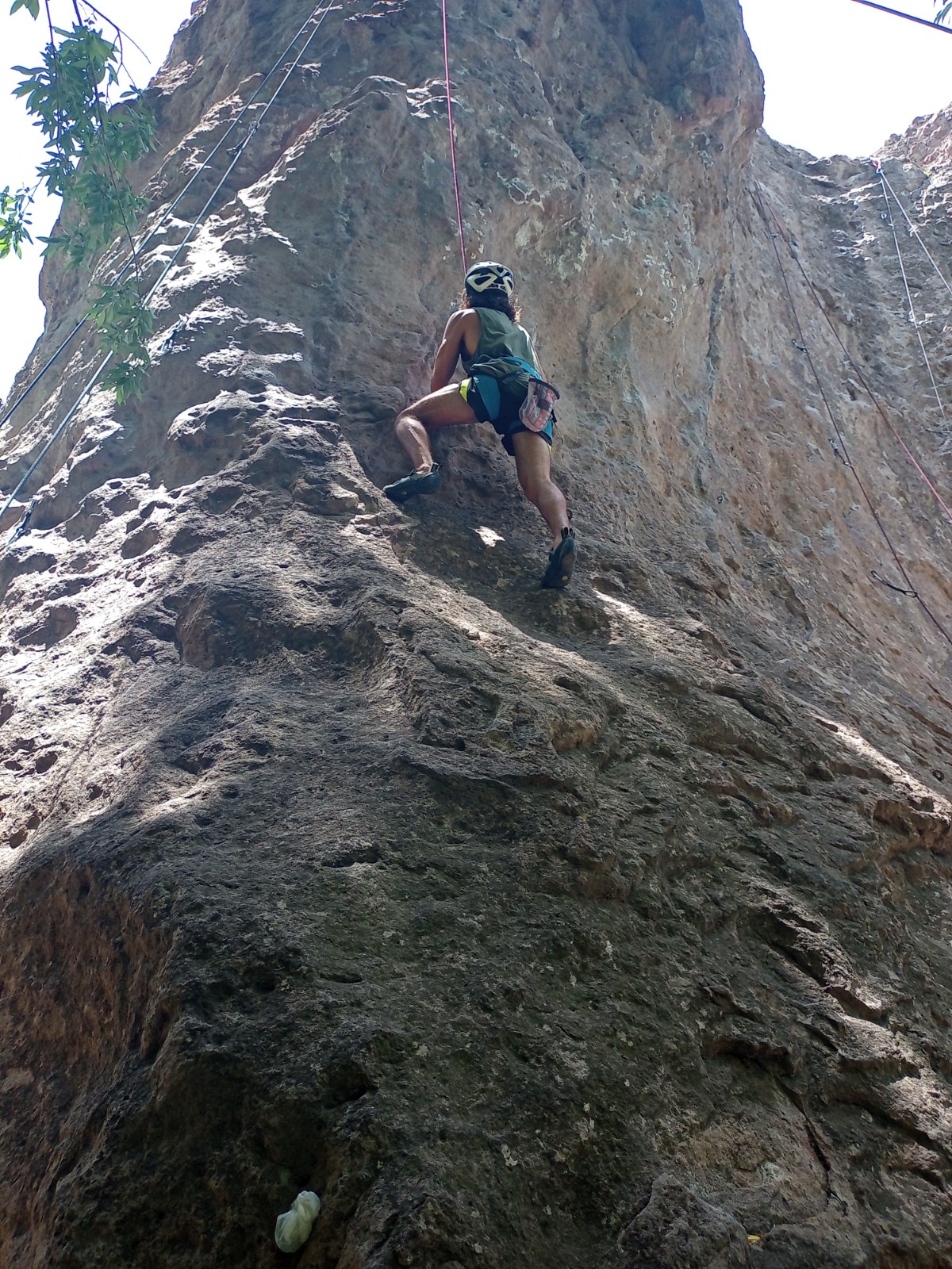 Sport Climbing hero image. Me climbing up a rock route called "La Ola", at Cacheuta Sur, Mendoza.