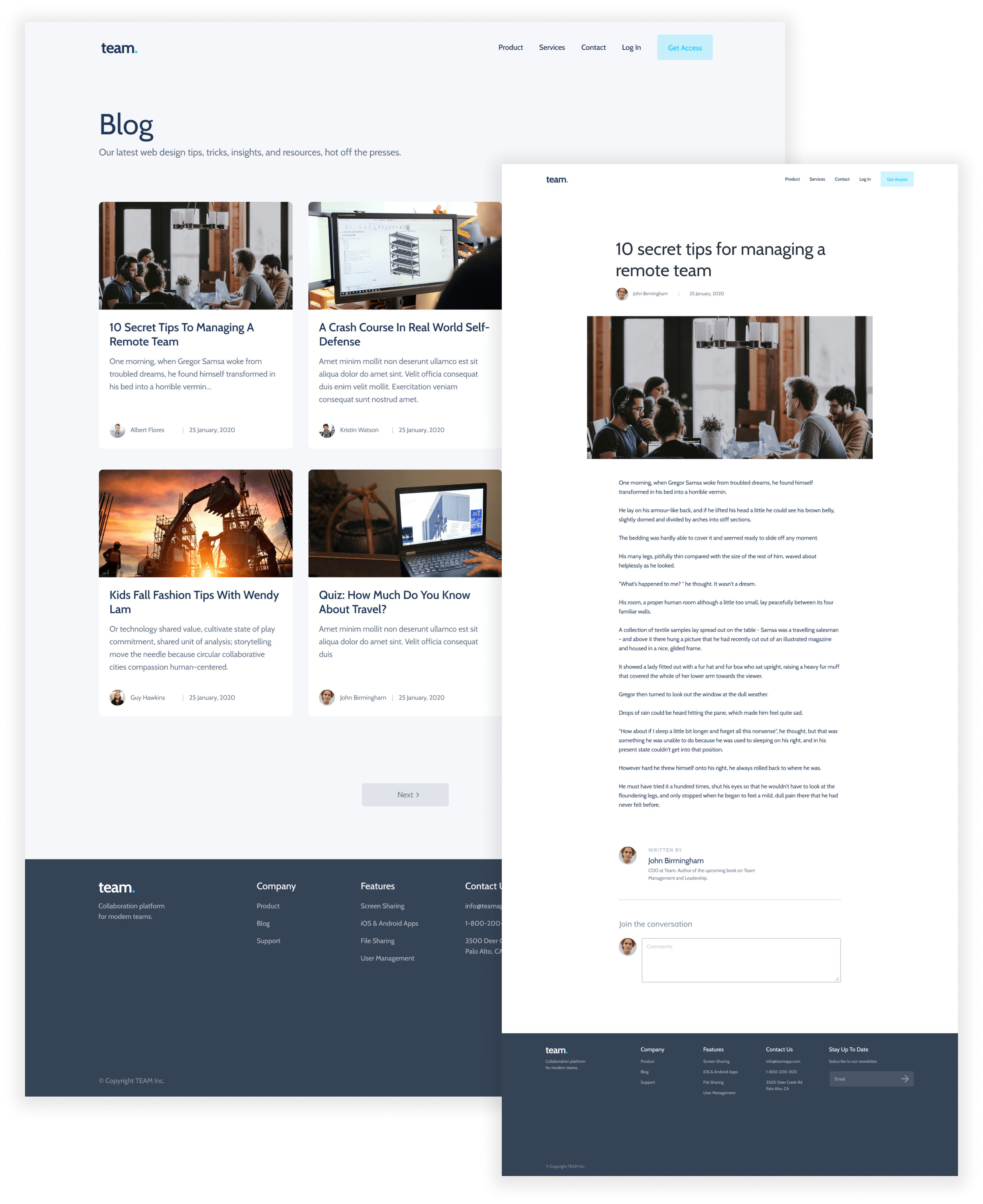 Blog mockup in Team Blog app