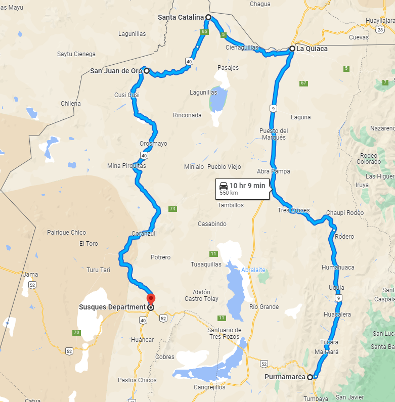 Screenshot from Google Maps showing the largest route to go from Purmamarca to Susques.