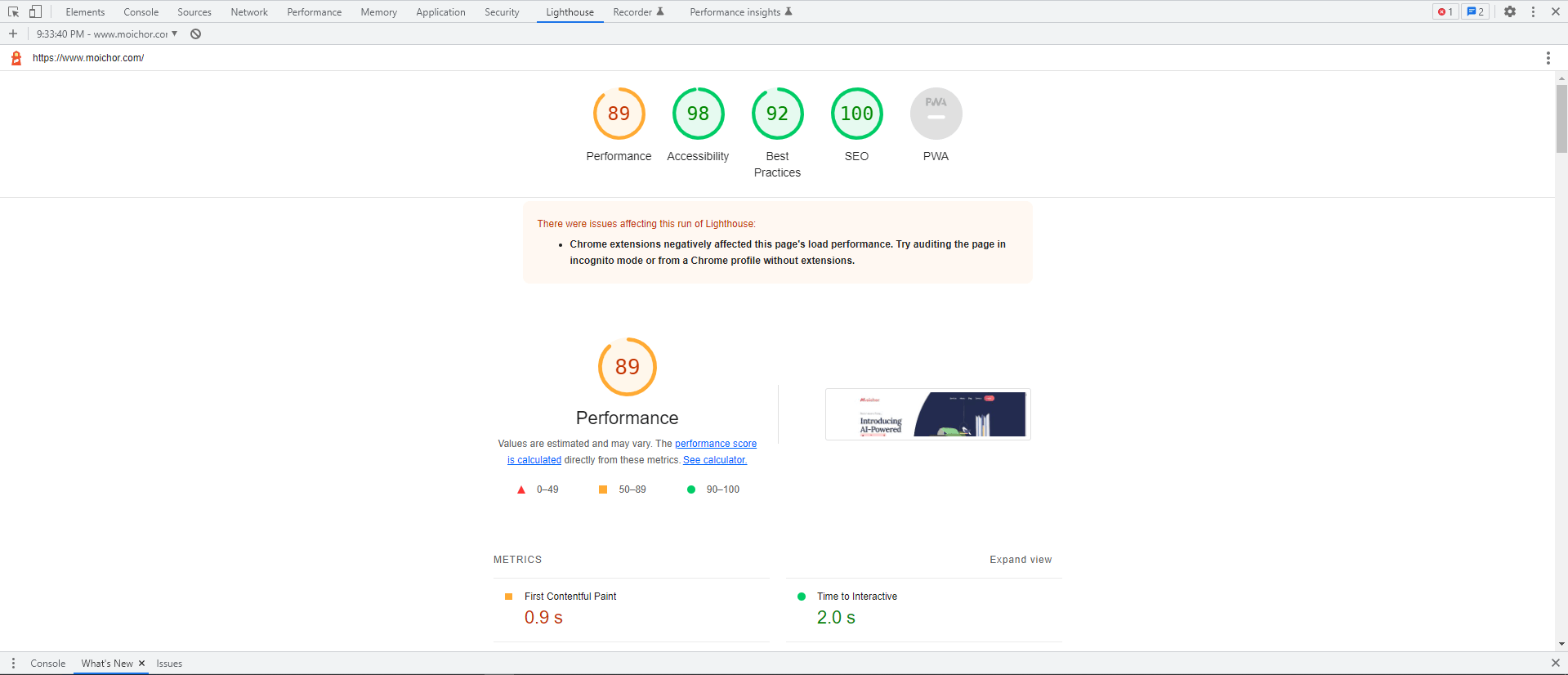 Lighthouse statics for moichor.com:
89 Performance
98 Accessibility
92 Best Practices
100 SEO