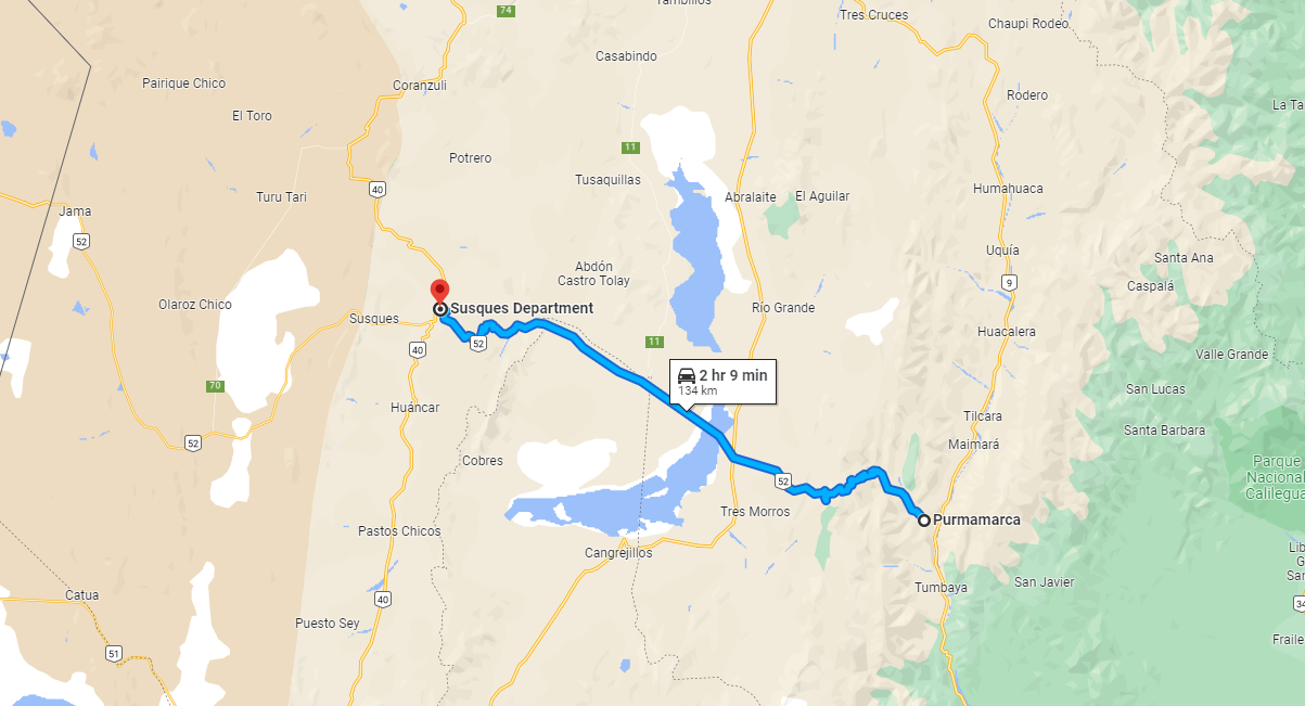 Screenshot from Google Maps showing the shortest route to go from Purmamarca to Susques.